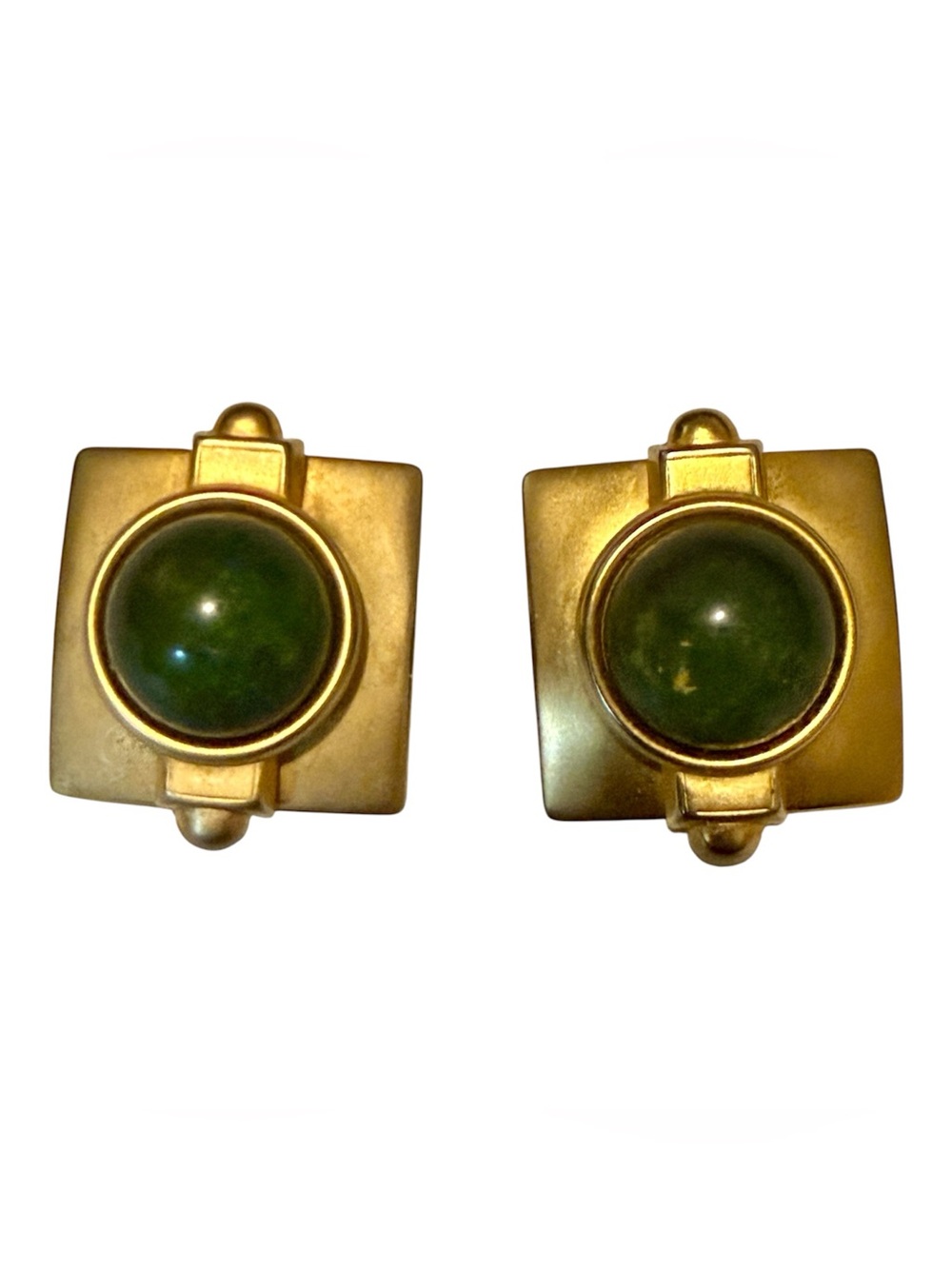 Vintage Large Earrings in Gold with a Green Center Stone, Clip On’s, 1.5” Tall